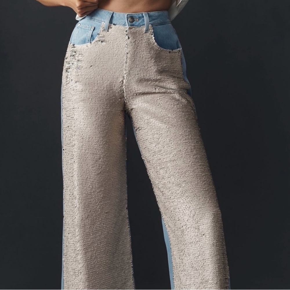 Pilcro Stylish Sequin and Denim High Waist Wide-Leg Pants